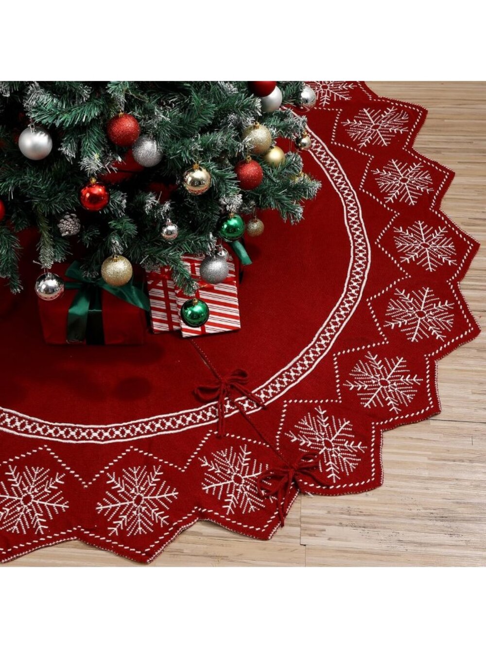 Extra Large 60" Reversible Christmas Tree Skirt, Burgundy Snowflake, Rustic Lace